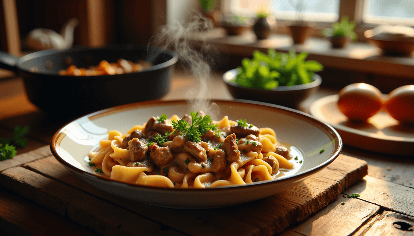 Discover the secrets to the ultimate comfort dish with our Russian Beef Stroganoff Recipe! This family favorite, loved for over 50 years, combines tender beef, rich flavors, and a creamy sauce that'll warm your heart. Ready in just 40 minutes, you won’t want to miss this culinary delight! Dive in now!