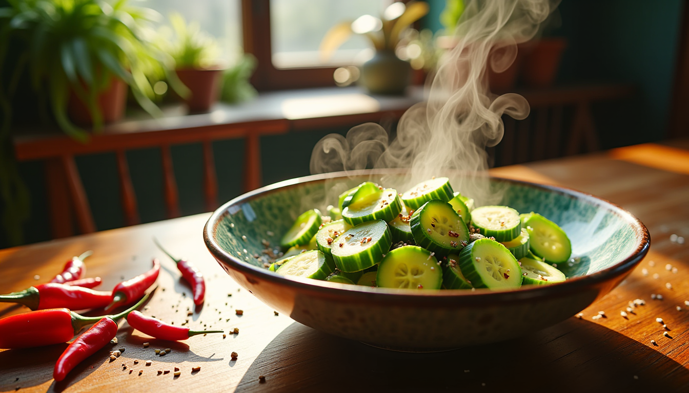 Discover the secret to a zesty, crunchy delight with this Asian cucumber salad recipe! Perfect for a quick lunch or an elegant dinner side, this mildly spicy dish combines the refreshing crunch of cucumbers with aromatic sesame oil and tangy rice vinegar. Ready for a flavor explosion?