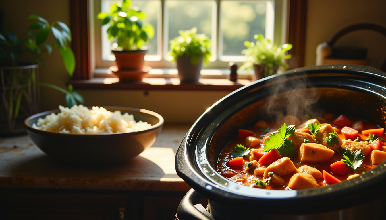 "Discover the secret to a melt-in-your-mouth meal with this irresistible slow cooker coconut chicken recipe. Perfect for busy nights, it combines cozy flavors like coconut milk, tomatoes, and chickpeas to transform mundane ingredients into culinary magic. Is coconut milk in slow cookers a game-changer? Find out now!"