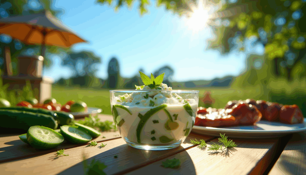 "Discover the secret behind Grandmother's Sour Cream Cucumber Salad: a nostalgic dish that has delighted generations. Ready in just 35 minutes, this timeless classic is perfect for spontaneous summer gatherings. Find out why this refreshing side dish is a favorite for any grilling feast. What's the magic ingredient?"